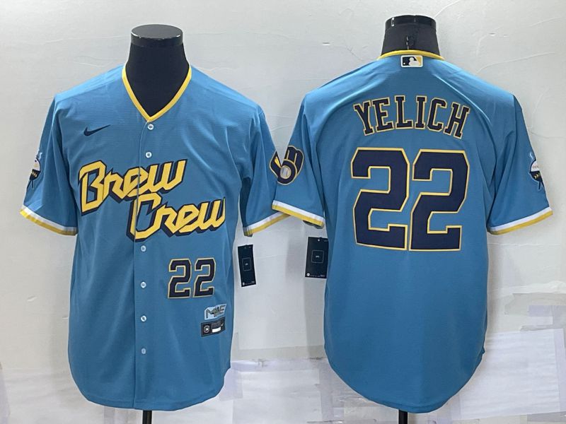 Cheap Men Milwaukee Brewers 22 Yelich Blue City Edition Game Nike 2022 MLB Jerseys